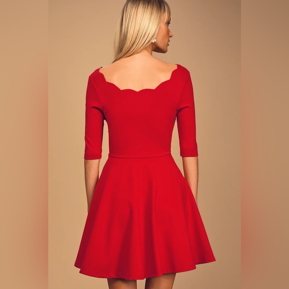 Lulus Mini Red Scalloped Skater Dress - Picture 2 of 5